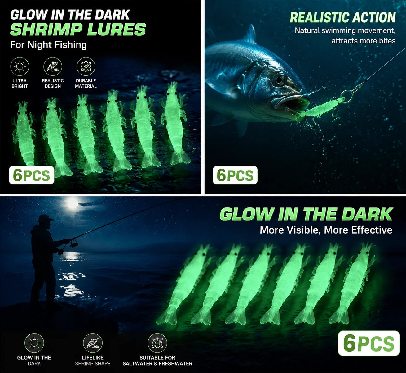 6pcs Luminous Soft Plastic Artificial Shrimp