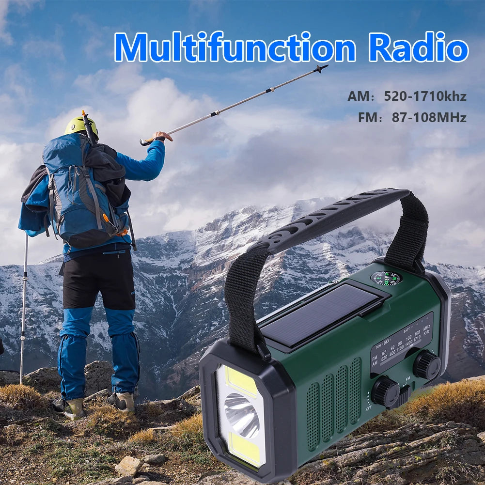 Solar Emergency Radio Hand Crank 10000mAh Type-C Rechargeable AM FM Receiver SOS Alarm Camping Survival Radios With Solar Panel