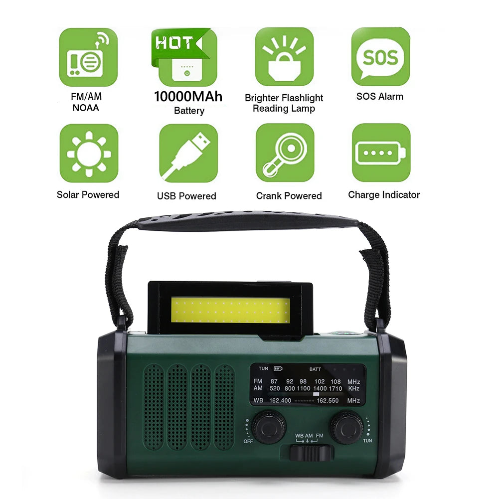 Solar Emergency Radio Hand Crank 10000mAh Type-C Rechargeable AM FM Receiver SOS Alarm Camping Survival Radios With Solar Panel