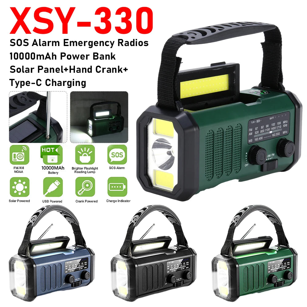 Solar Emergency Radio Hand Crank 10000mAh Type-C Rechargeable AM FM Receiver SOS Alarm Camping Survival Radios With Solar Panel